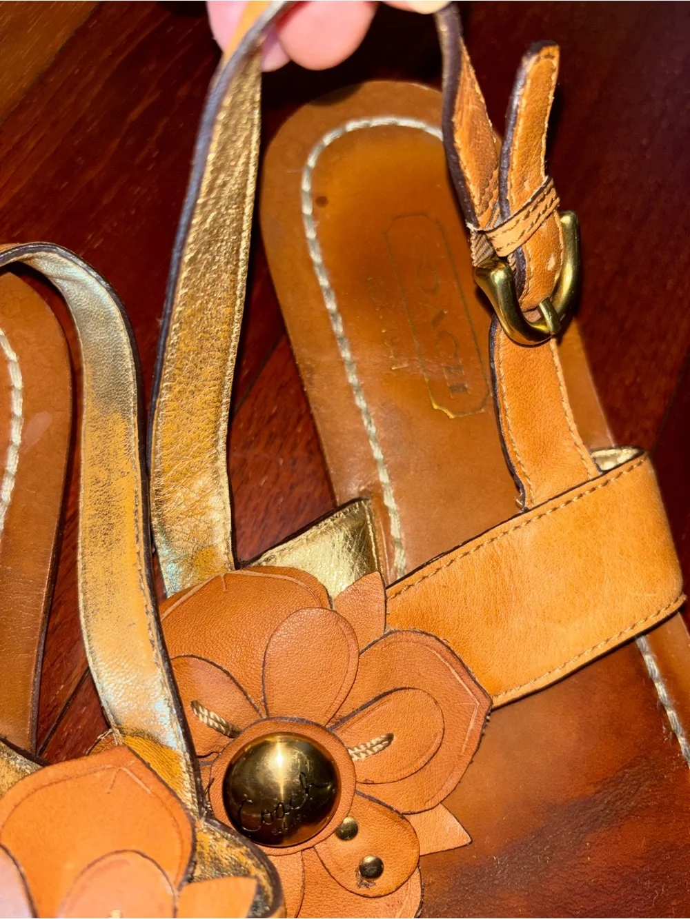 Coach Tan Leather Floral Thong Sandals with Gold-Tone Studs